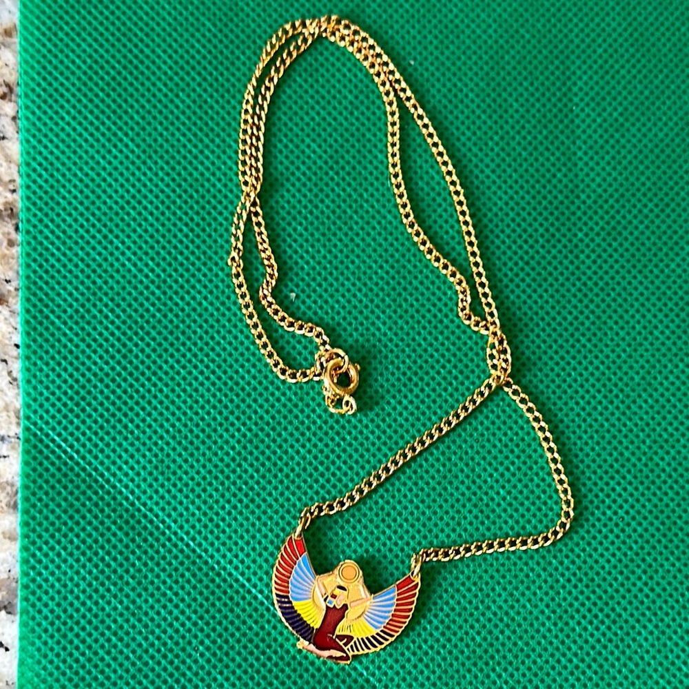 Egyptian Winged Isis Goddess Necklace. Vintage. 1950’s.  Mint condition